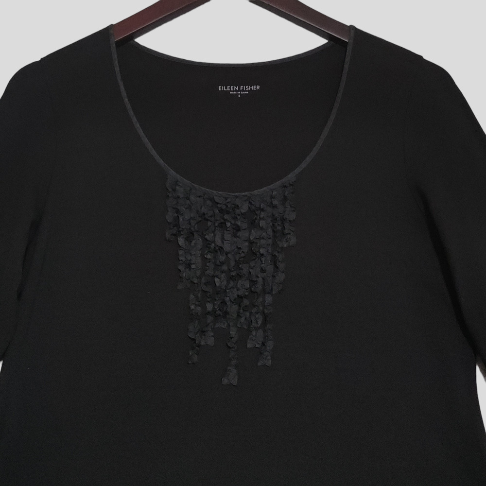 Eileen Fisher Dress Sz Small Viscose Stretch Jersey Knit Ruffle Neck 3/4 Sleeve - Picture 5 of 13